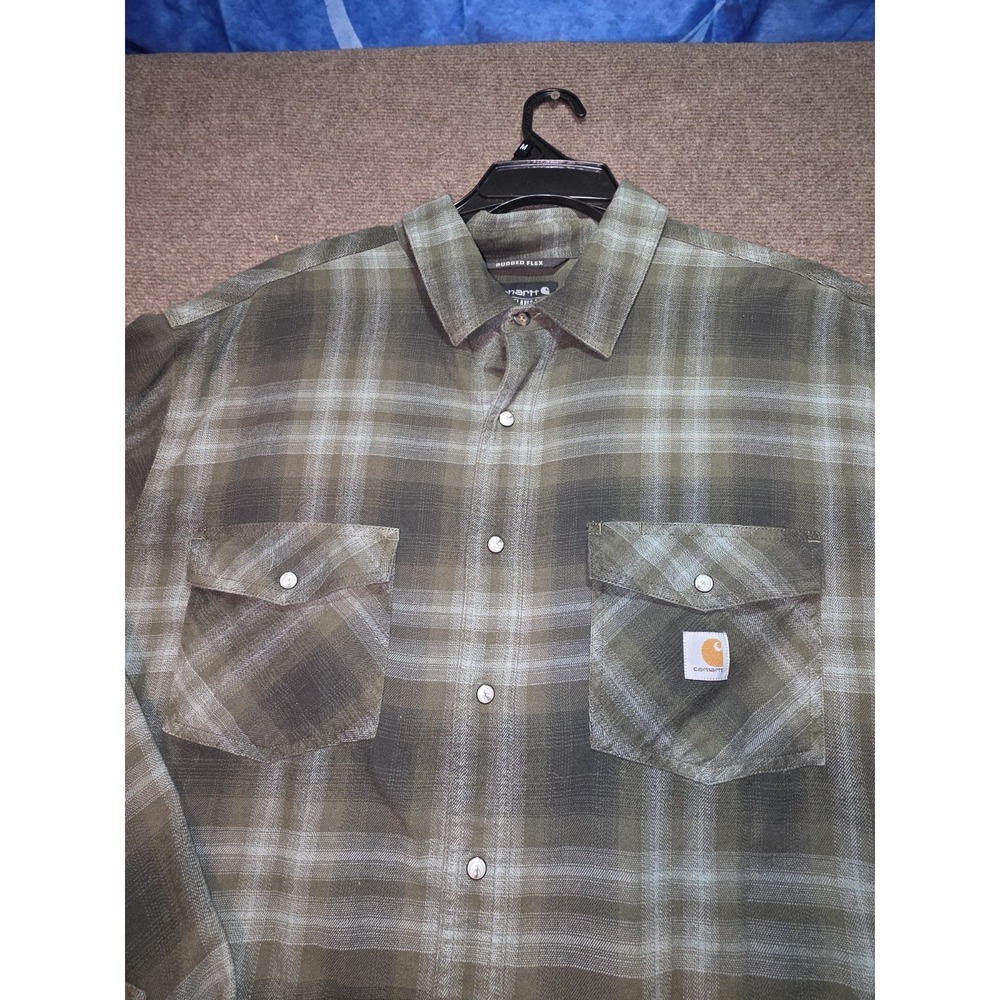 Carhartt Rugged Flex Mens XL Tall Relaxed Fit Plaid Flannel Shirt Olive Green - Picture 2 of 9